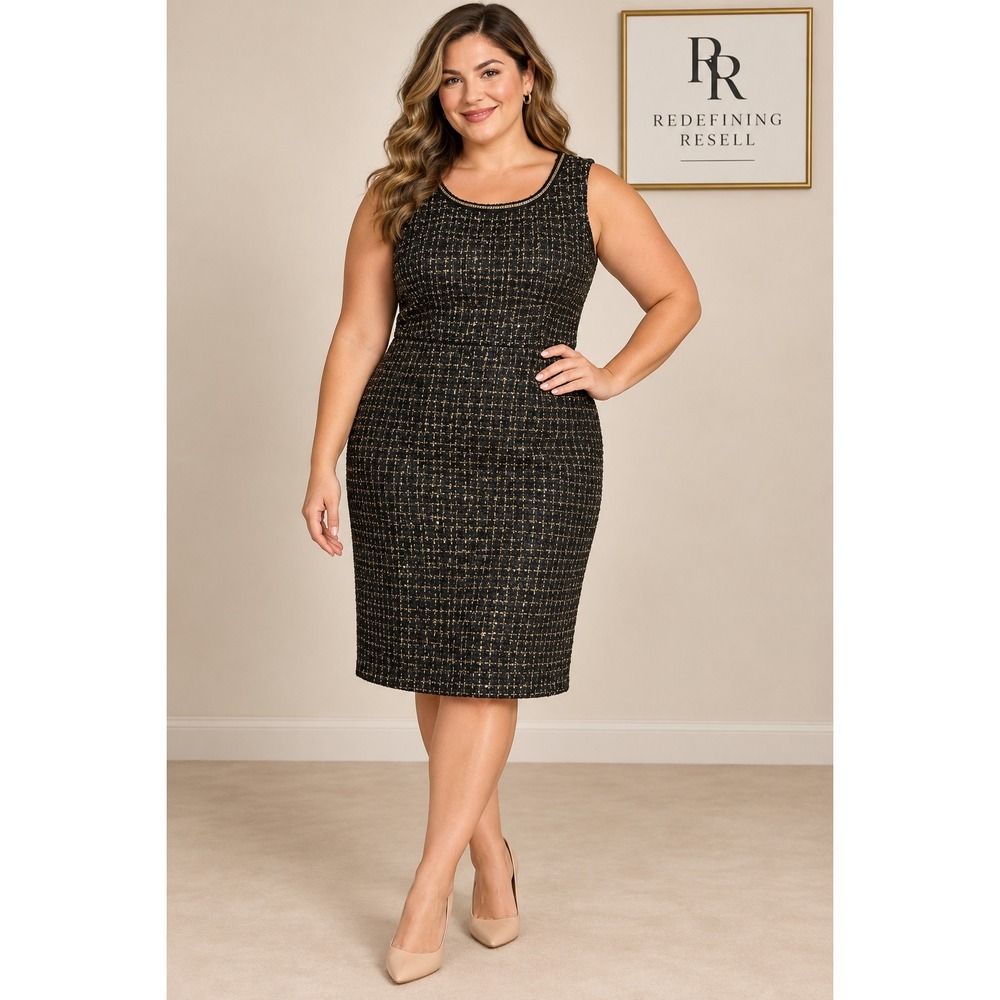 Flora Bea NYC Zoie Dress XL Moonlight Black Gold Metallic Tweed Sequin Sheath NY